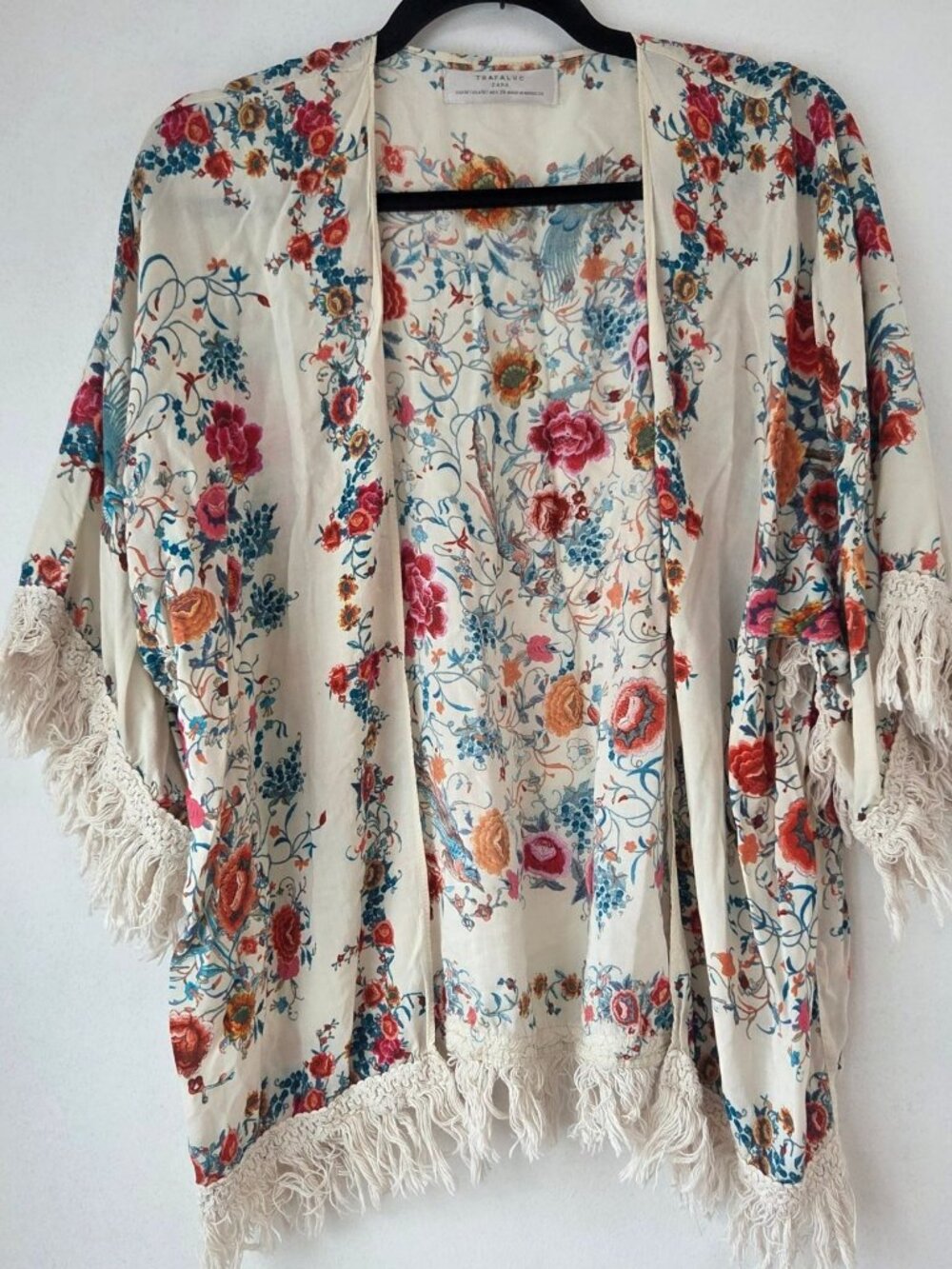 Zara Bohemian Floral Open Front Wrap Cardigan Peacock Swim Cover Women's M